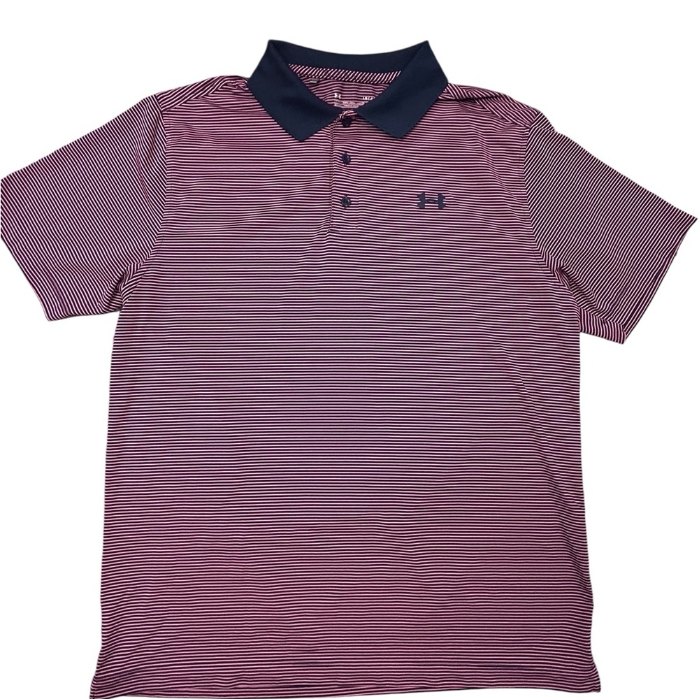 Under Armour‎ Men's Striped Performance Heat Gear Loose Polo L Golf Pink Casual